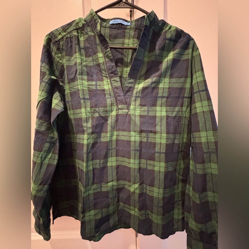 Casual Green Plaid V-Neck Blouse